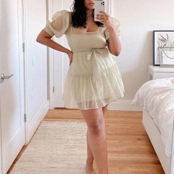 DANIELLE BERNSTEIN Organza Sheer Puff Sleeve Mini Dress Medium Light Green Dot - Picture 2 of 5